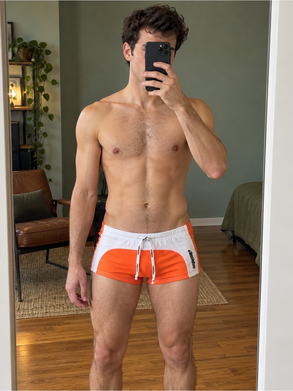 Men's Orange and White Swim Trunks with Drawstring AussieBum Size M